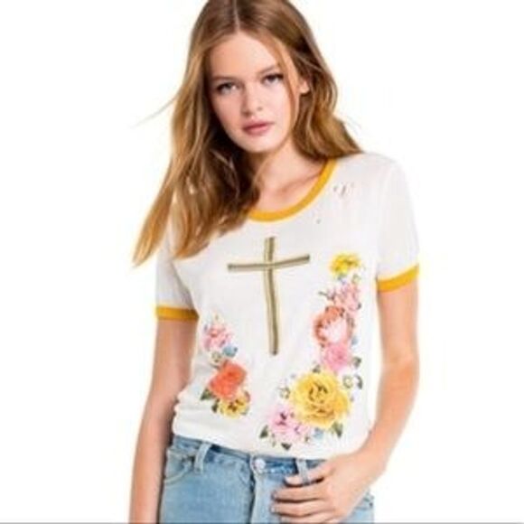 Wildfox M Confessional Johnny Ringer Tee Shirt Floral Roses Graphic Destroyed - Picture 1 of 11